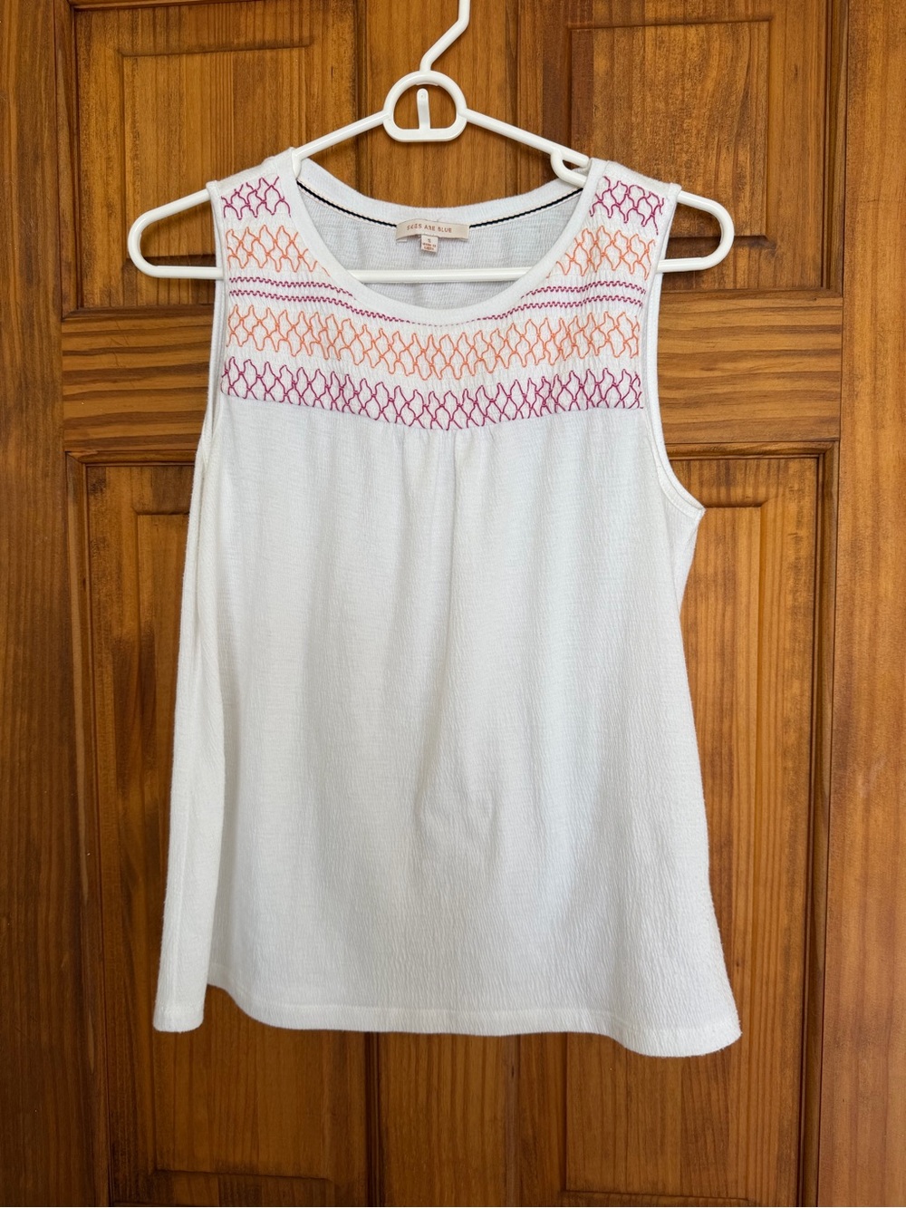 Skies Are Blue White Sleeveless Tank with Pink & Orange Embroidery